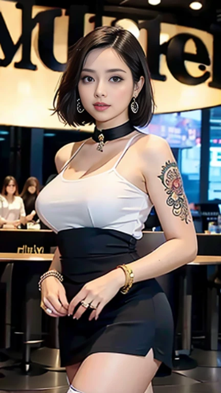 (highest quality),masterpiece,Super detailed,8K, UHD,Beautiful woman,japanese woman,No expression,whole body,((tattoo)),slim,black slacks,white tank top,(female mafia),gangster,(cyberpunk city),night,cinematic lightening,underworld