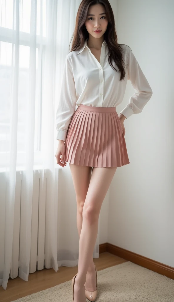 ((masterpiece)), ((Cinema Lighting)), Realistic photos、Real image、Best image quality、One Girl, Sayla Mass, elegant, masterpiece, Complex, Thin arms, Wide Hips, Thick thighs, Thigh Gap, Highest quality, Absurd, High facial detail, Perfect Eyes, mature, Cowboy Shot, , Vibrant colors, Soft pink uniform, Soft pink skirt, White tights