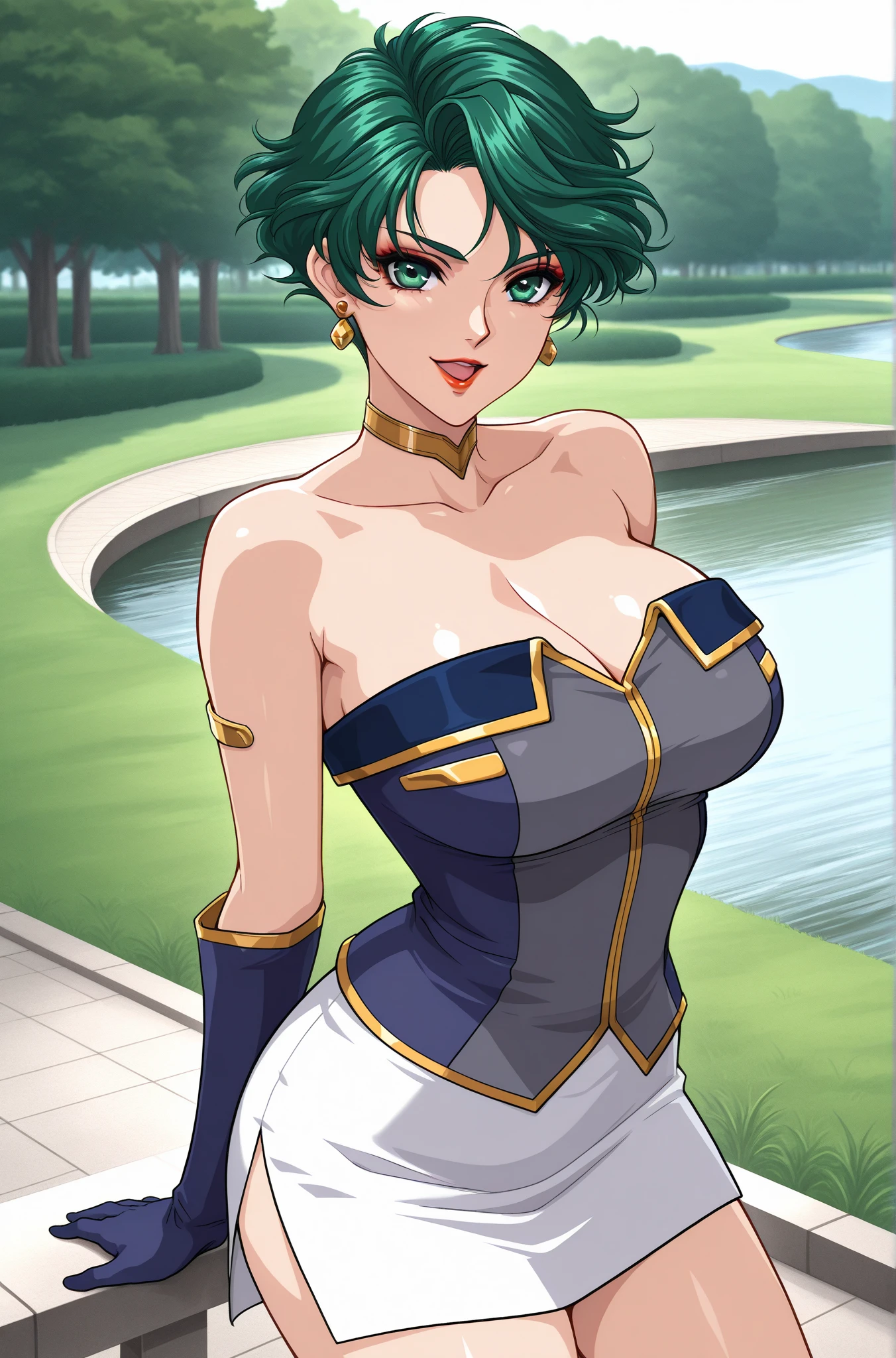 "(masterpiece:1.1), best quality, 
1girl, (80s anime style:1.3), (eyelashes:1.5), (loli:1.2), 
(intricate high detailed body:1.2), 
(black hair:1.1), (bangs:1.1), (bob cut:1.1), (crown:1.2), 
blue eyes, 
(pale skin:1.3), (muscular body:1.1), (gigantic breasts:1.5), 
(expressionless:1.2), 
(see-through leotard armor, corset:1.2), (garter belt:1.2), 
(frill:1.1), (earrings:1.1), collar, 
standing, hand on hip, 
(upper body, cowboy shot, looking at viewer, from front:1.1),
(daytime, grassland, outdoors:1.2)"