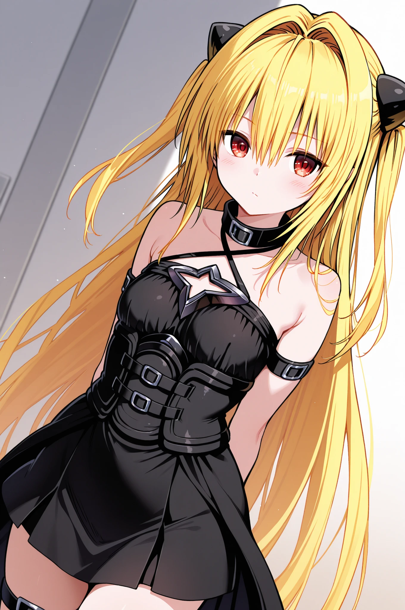 NSFW,masterpiece,Highest quality,High resolution,Very detailed,Golden Darkness\(To Love-Ru\),Blonde,Red eyes,long hair,Two Side Up,Small breasts,Black Dress,Sleeveless,Removable sleeves,belt,Cleavage cutout,Cutouts for clothes,Thigh straps,Knee socks,hair ornaments,(Lustful face),Dissatisfied face,blush,Are standing,Nightlife,In town