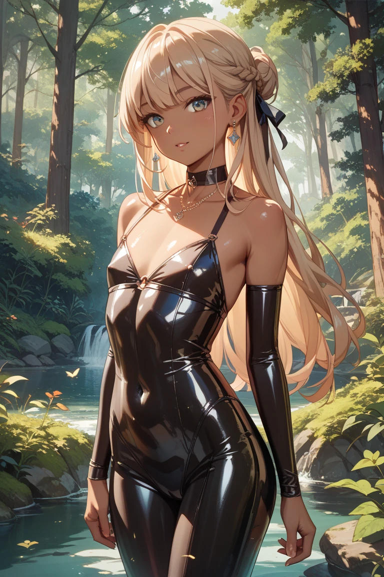 Girl Doll,Solitary,rest,Buttocks display,The zipper is not closed,Blonde,elegant,Pointed ears,whole body,Chinese element pattern,thigh,Leaking thigh,full,camisole,triangle denim shorts,stocking,leggings,(Brushstrokes,Impressionism,painting,Rich scenery),Disheveled,Chest contour,(((Wet clothing))),(((Ultra-thin clothing))),((Flesh outline)),Grinning