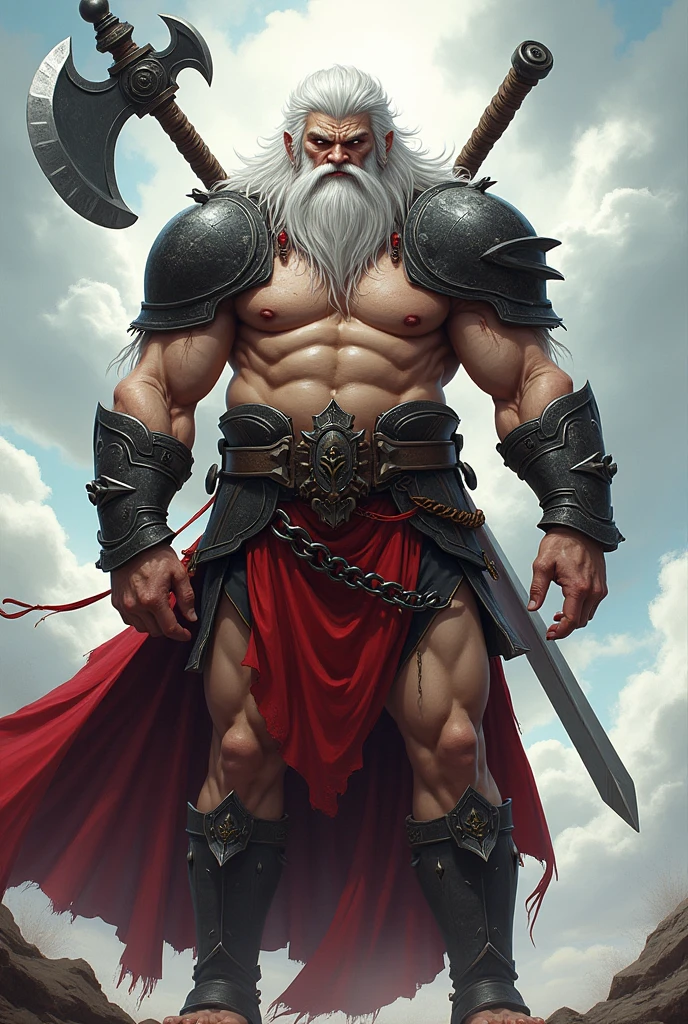One 21 feet man with great body with six pack,he has long hair and white beard ,holding a big axe in his hands and went to war to kings of other people he observed kingdoms from long area