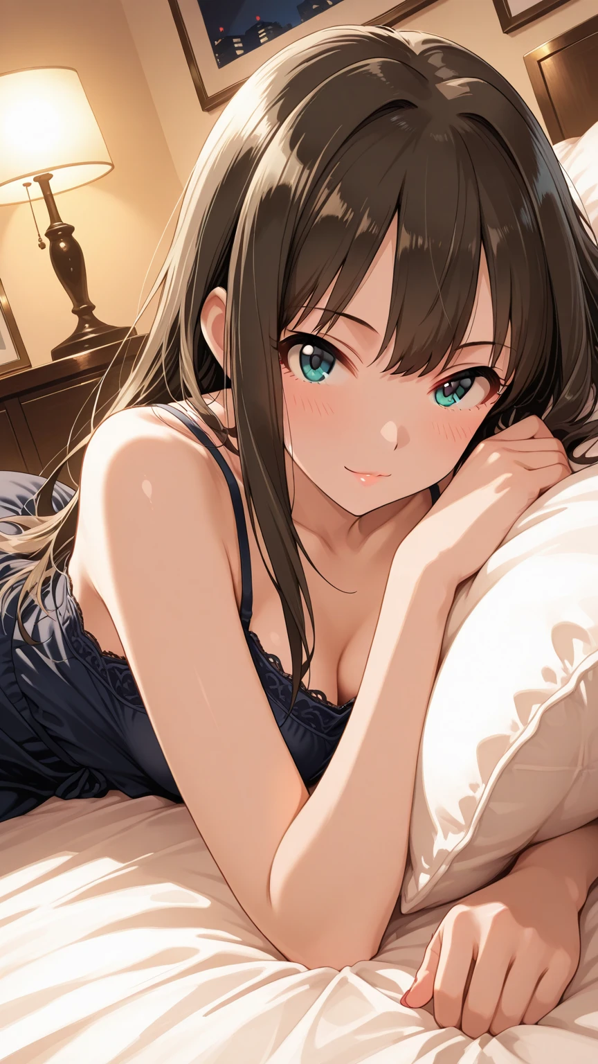 Highest quality,Highest Resolution,A girl lying in bed and using a smartphone,