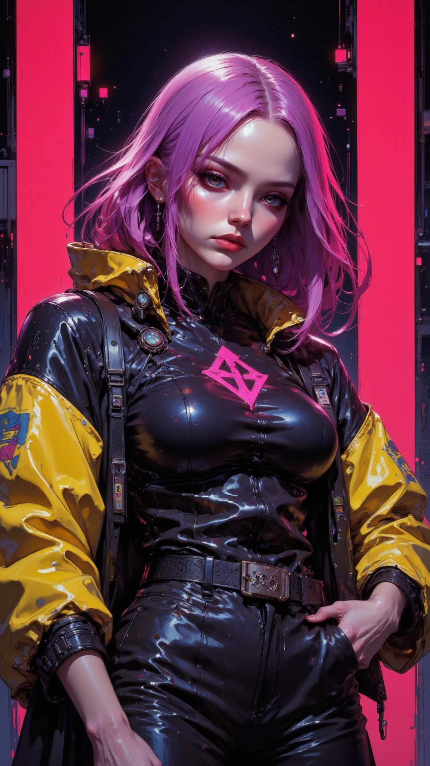 a woman in a pink bikini and black jacket sitting on the street, cyberpunk art style, cyberpunk 2 0 years. o model girl, hyper-realistic cyberpunk style, Cyberpunk vibes, cyberpunk style , Hyper realistic, cyberpunk beautiful girl, cyberpunk art ultrarealistic 8k, cyberpunk girl, cyberpunk art, female cyberpunk anime girl, in cyberpunk style, Judy Alvarez Cyberpunk