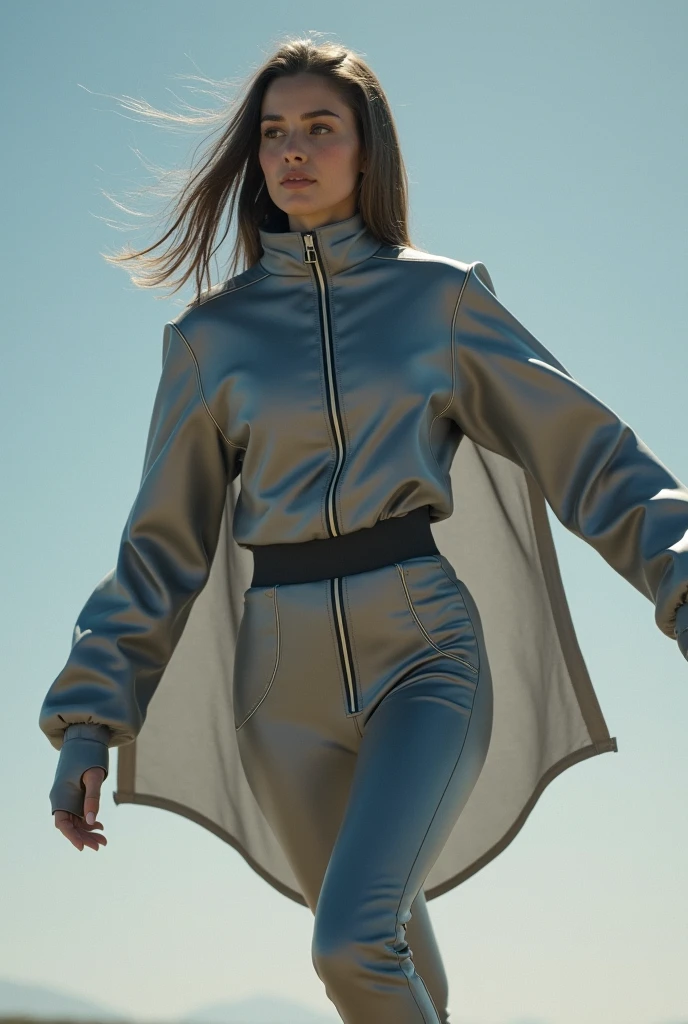 A long-legged girl wearing a soaked beige trench coat and silver leggings, blue sneakers, sits on a large rock in the forest, surrounded by water