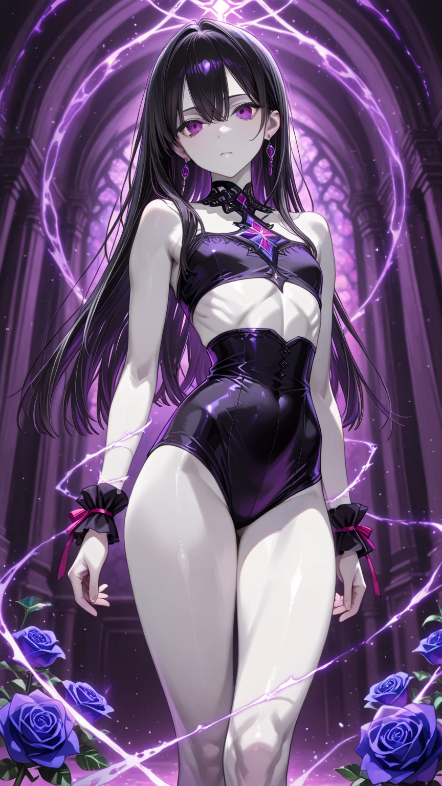 masterpiece　Crucifixion　Woman with very long purple hair　Hanging helplessly　Tears overflow　Watery eye　Downcast eyes　Beautiful slim perfect body　White bodysuit（Off the shoulder、No sleeve、Belly button、High leg、Thigh exposure、bare hands、Bare legs）　Look Down　Pitch black hell　Surrounding monsters　darkness