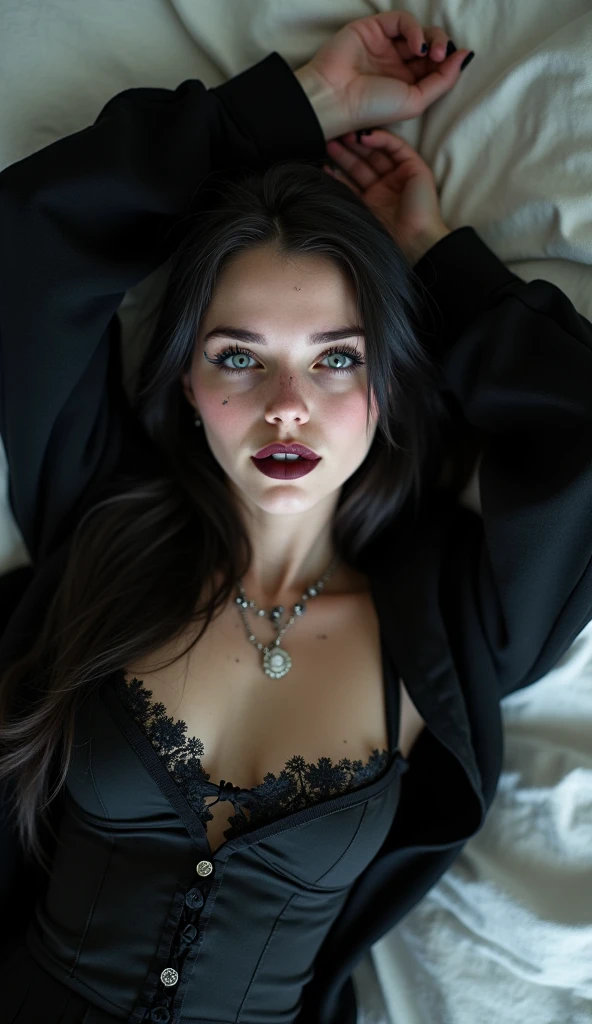 raw photo, Seductive boudoir photo of a woman with long brunette hair gazing alluringly at the camera, laying on a bed wearing black see through negligee, dark brown lipstick,( low key lighting:1.5) with warm highlights contrasting the shadows and darker tones, intimate bedroom setting, in a moody, mysterious style