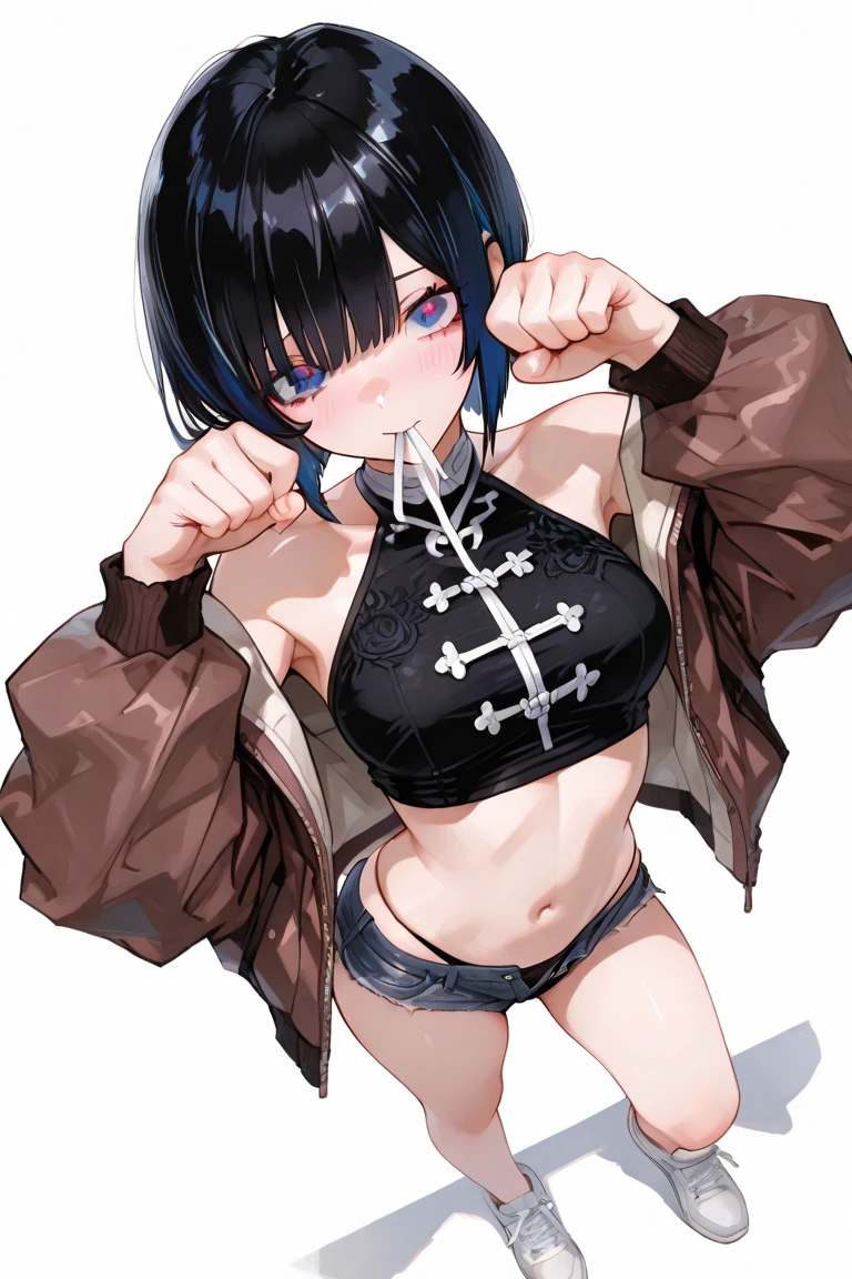 masterpiece, best quality, 1girl, solo, Black hair, bangs, short hair, sweat, (smile), cleavage, beautiful detailed face, beautiful detailed eyes, bat ornament, slingshot swimsuit, black choker, standing, (simple_background)