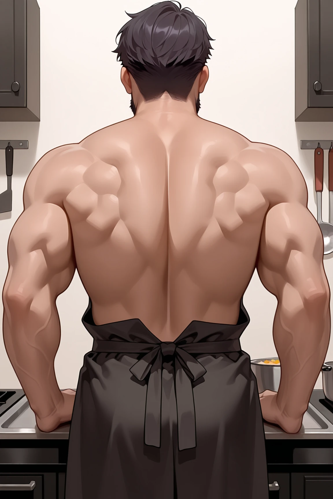 Gyomei Himejima sin camisa, and with a kitchen apron