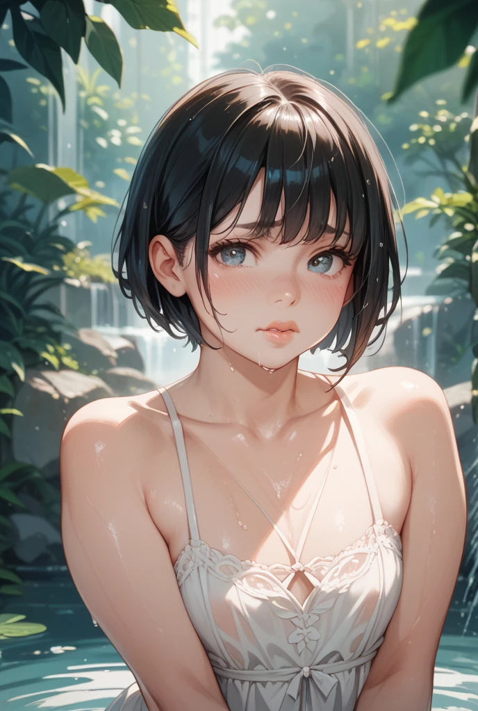 Best quality, masterpiece, super high resolution, a super model soaking in a cold winter in Russia, outdoor hot spring, stone hot spring, surrounded by moss and trees, super beautiful face, pure body, clear pores visible, (smile:0.8), wearing split (lace bandeau:1.2), (realism:1.5), original photo, soaked body, covered in sweat, bare shoulders, in the dark, deep shadows, low-key, cold light