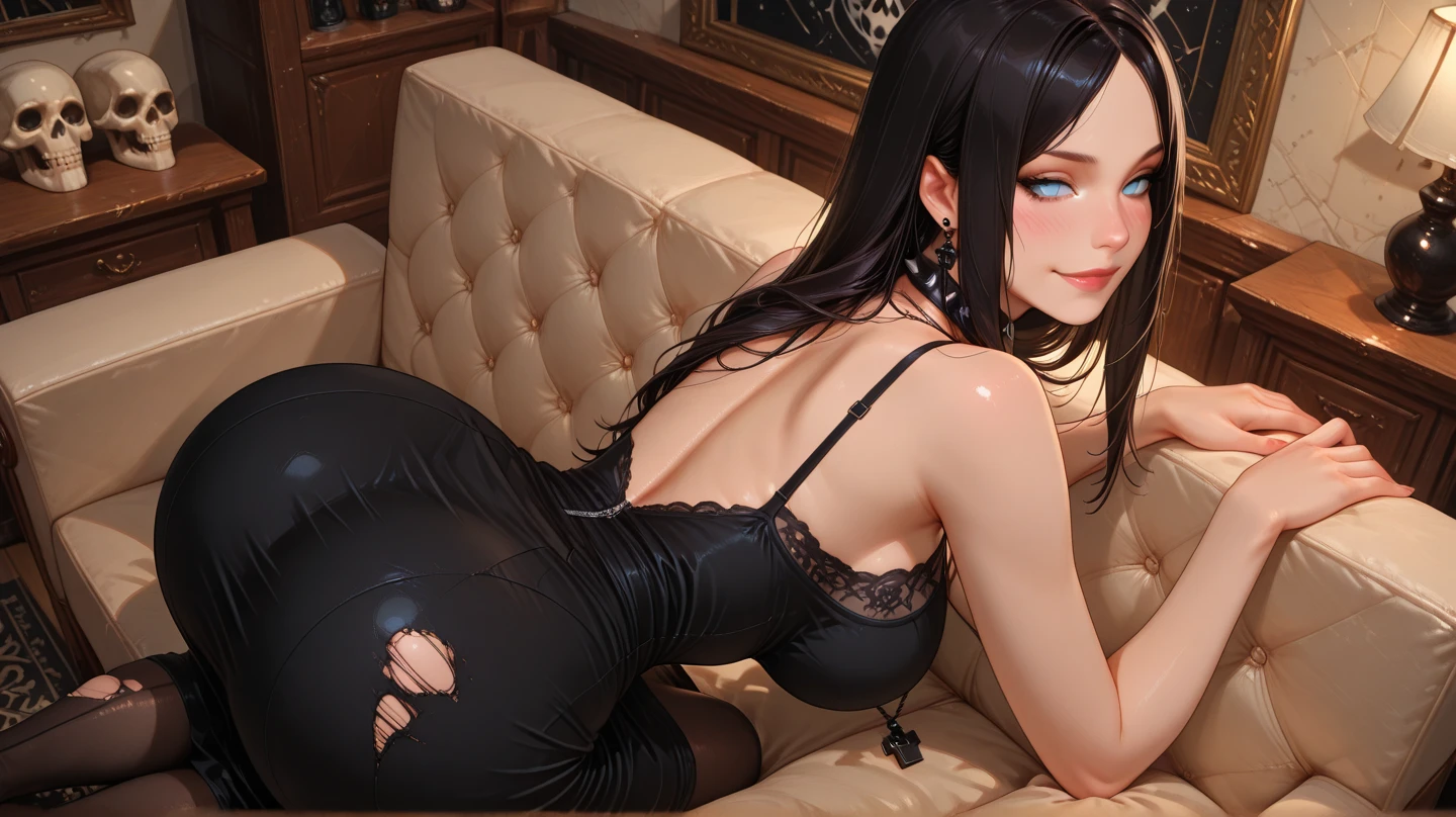 Russian girl, around 27 years old, gothic, emo, black hair, social clothes, neckline, lace bra, sensual look, blue eyes, short skirt, pantyhose, sitting in armchair, thin, big breasts, smiling lightly