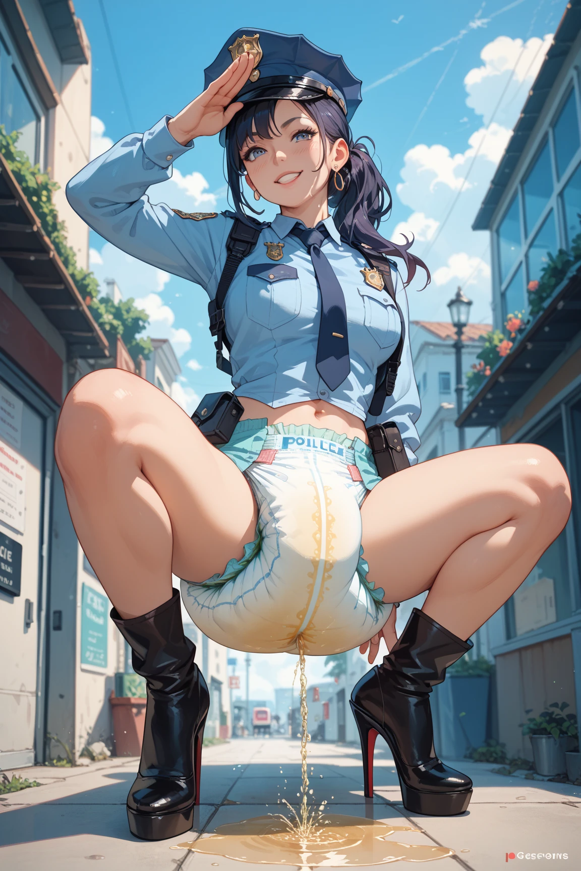 a woman, 22 years, shoulder length medium length black hair, messy hair, purple eyes, Big , Big butt, Futanari, denim jacket with gray details, pink string thong, erection, Semen, masturbation, horny, alley, garbage, condones, lesbian sex,  