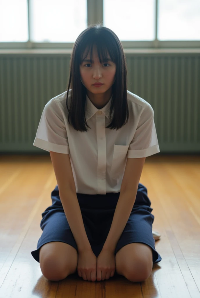 1girl, downblouse, 15yo, munechira, small breasts,  small chest,  looking away,  leaning forward,  expressionless,  casual  t shirt ,plus frilled bra within, desk, school,