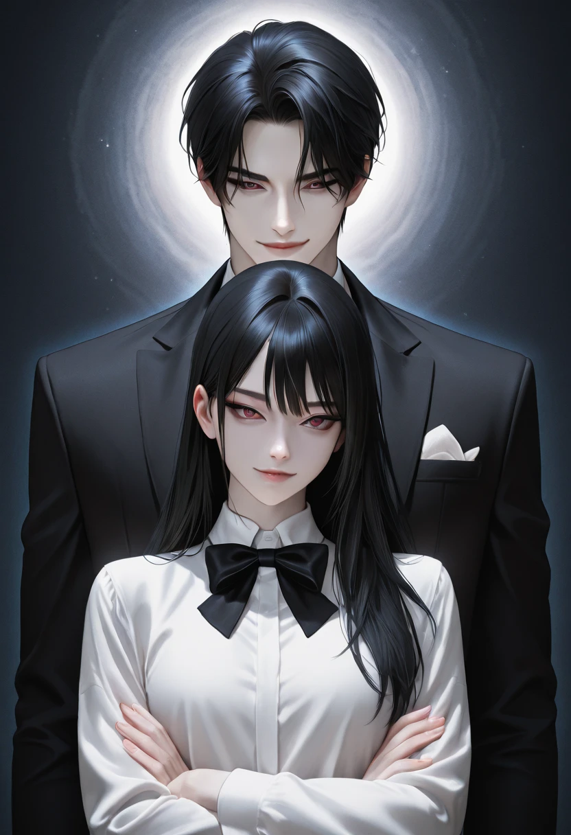The man in the suit shows his fangs vampire,Dresses are afraid of girls,The girl clasped her hands