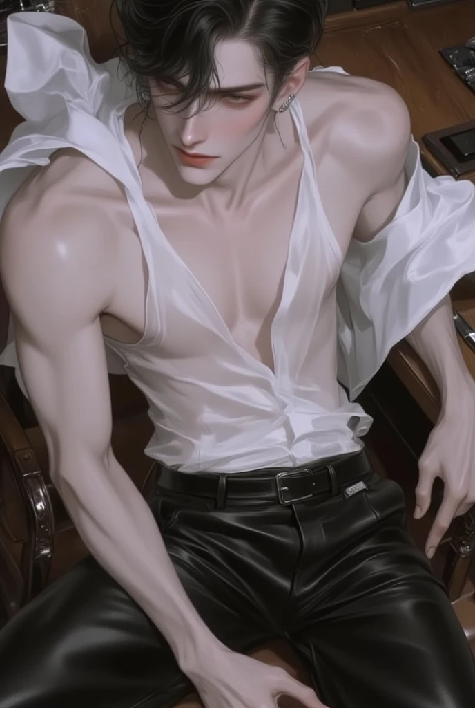 a painting of a nude androgynous man with white hair sitting in a chair next to a potted plant, mostly greyscale, inspired by Romaine Brooks, greyscale, digital matt painting, flowers growing out of his body, inspired by Gustaf Munch-Petersen, speedpaint, digital sketch, art study of a body, a digital painting, light greyscale, soft digital painting, mood painting