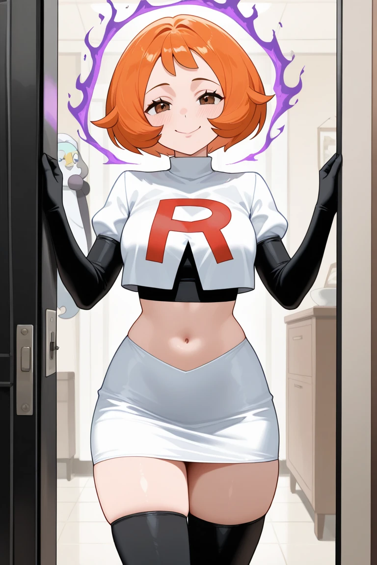 (masterpiece, best quality, ultra-detailed) misty pokemon,short hair, orange hair, blue eyes, long eyelashes, Team Rocket, Team Rocket uniform, red letter R, white skirt, short white crop top, black thigh-highs, black elbow gloves,sagging breasts, nsfw, large breasts, flashing tits, simple blank background, side ponytail, smile, facing viewer, skimpy, tits out, exposed breasts