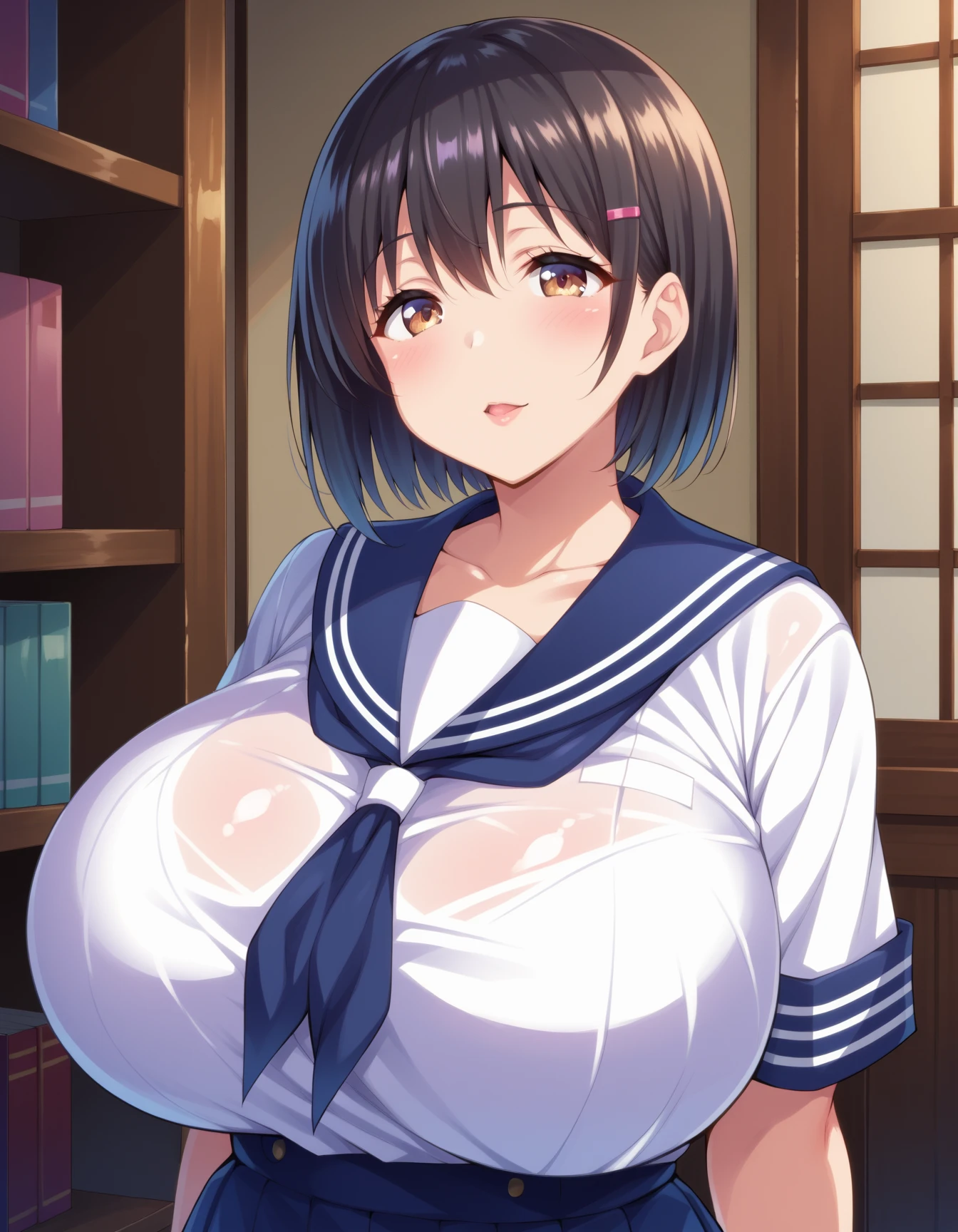 elite school uniform is sheer, button gap,red white gold uniform,(button gap:1.5), white skirt, white top, red ribbon, golden buttons, golden shoulder pats, young adult, 19 years, brown bobcut hair, brown eyes, beautiful brown eyes, big breast, striking body curves, horny smile, pink lips, tiny girl, cute pose, masterpiece, classroom background, school