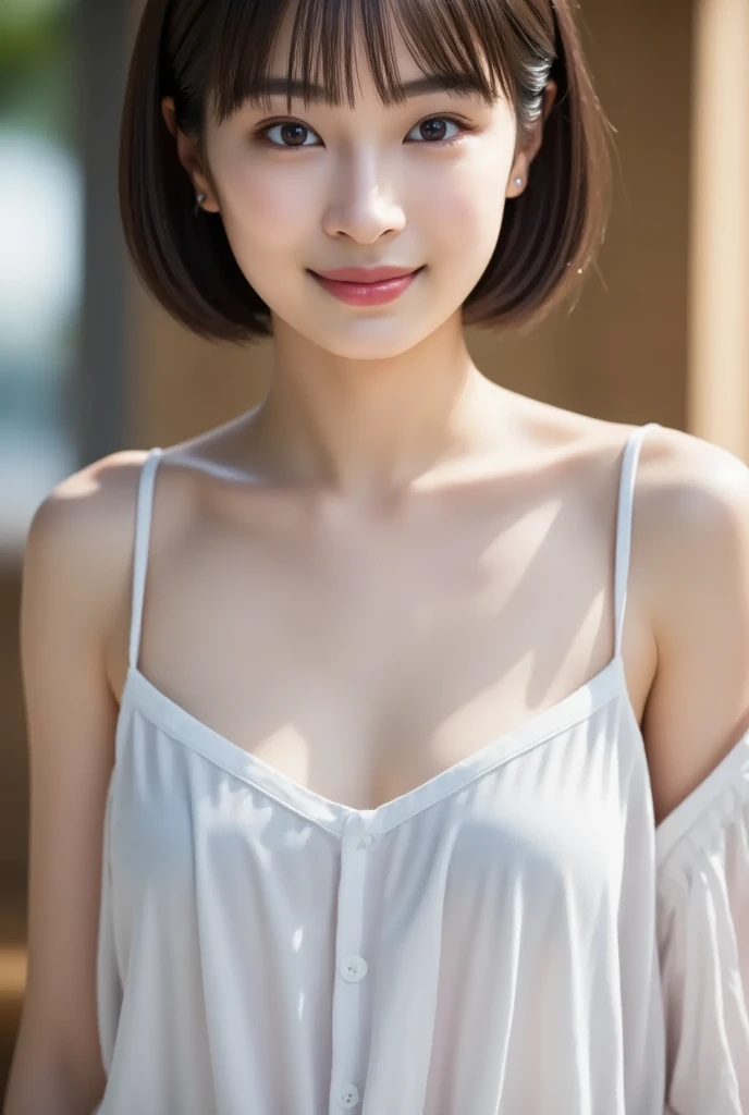 1 very beautiful woman, 25-years old, Solo, Best Quality, Photorealistic, tmasterpiece, 8K High Resolution, hight resolution, extra detailed face, (Professional Lighting,Bokeh),(light particules,Lens Flare Glow,Luminescent particles:0.6),gentlesoftlighting,Trendy atmosphere,jpn,the street,Stylish short hair,Bobo head, brown haired, hair is delicate and soft,Fluttering, cparted lips, lipsticks, Seductive smile, ssmile, Bocchi, 牙, Swan neck,Shave your shoulders, Bigchest,(Golden ratio figures),(Slim White Button Long Shirt:1.1),(Black tight mini skirt:1.1),(detailed costume:1.5),(Breasts are big,Emphasis on the chest), 二重まぶた,long eyelasher, birthmark, (Mole under the eyes: 1), calves are balanced, slenderness:1.2,The pair of jade legs is white and shiny,without wearing shoes:1.5,( Coquettish ,Coquettish and beautiful poses,Postures are diverse),Female-centered focus photography,The waist is the focus,I took a close-up photo focusing on the body....:1.8,fully body photo:1.8