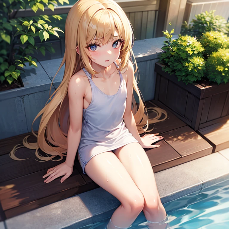 Top quality ultra-detailed CG art、独奏、女の子1人、Face like Namie Amuro、wearing white t-shirts、(White bikini on the lower body:1.2)blondehair、big eye、Mid summer、sixteen years old、red blush、Naked shoulders、yellow eyes、sexypose、Watch the viewer from the side、Naughty Girls、sitting on、swimming pools、