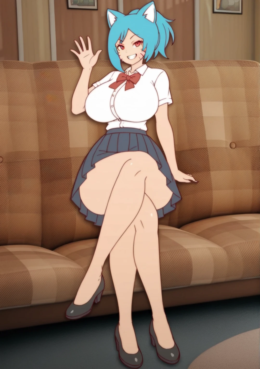score_8_up, score_7_up, score_6_up, score_5_up, score_4_up, anime screenshot
1girl, manyakis, nicole watterson, animal ears, ponytail, blue hair, red eyes, facial mark, collared shirt, skirt
Full body, looking at viewer, sitting, on couch,  grin, waving, huge breast, shirt barely can hold breast