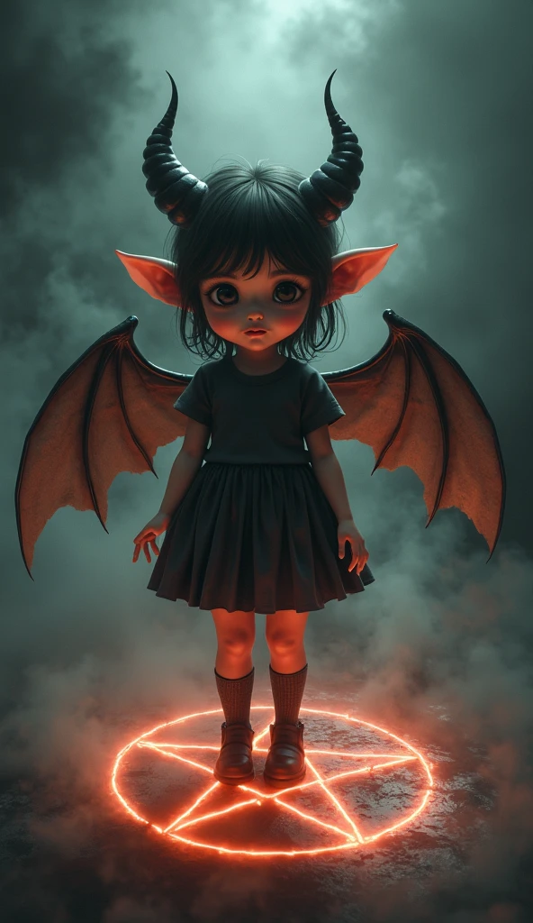 Realisttic Cute little devil, little girl face, have devil bat winged, round pentagram in her feet, black smoke effect in her body