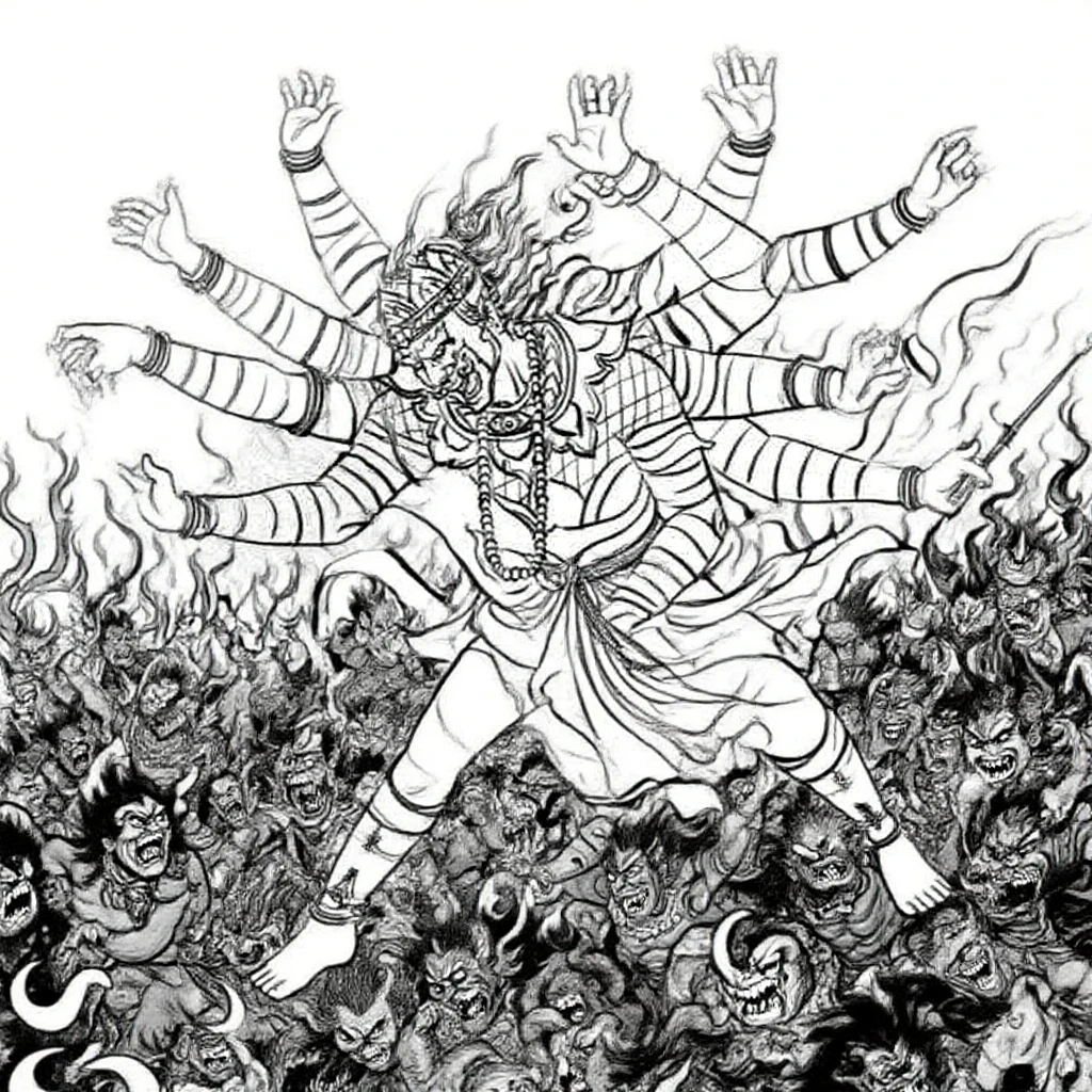 Lorn Hanuman strikes On Demon Ravan with his fist like thunderbolt.