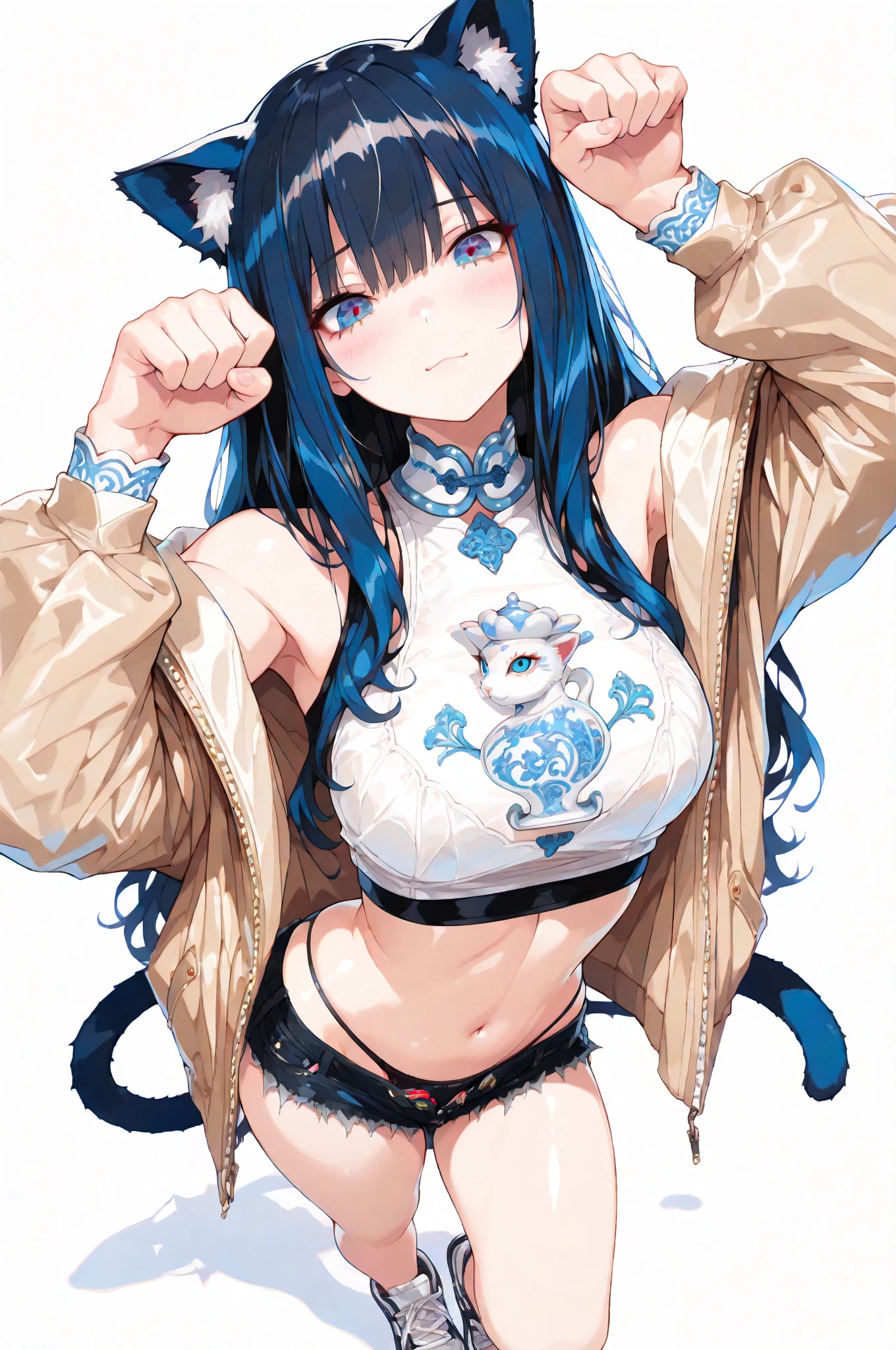 (Highest quality:1.2, Manga works, Manga style, Very detailed, Latest, Vibrant, digital coloring, High Contrast, masterpiece:1.2, Highest quality, Best aesthetics, There is), ((( 1 female:1.2))), Black Hair, ponytail、Gradient Hair, Reddish brown eyes, , (White underwear、Half cup bra、Cute panties:1.2)、necklace, Beautiful thighs, Blue Boots, Open your mouth, smile, Random Pause, Cowboy Shot, Simple Background.Voluptuous bust、Big Ass、Camel Toe