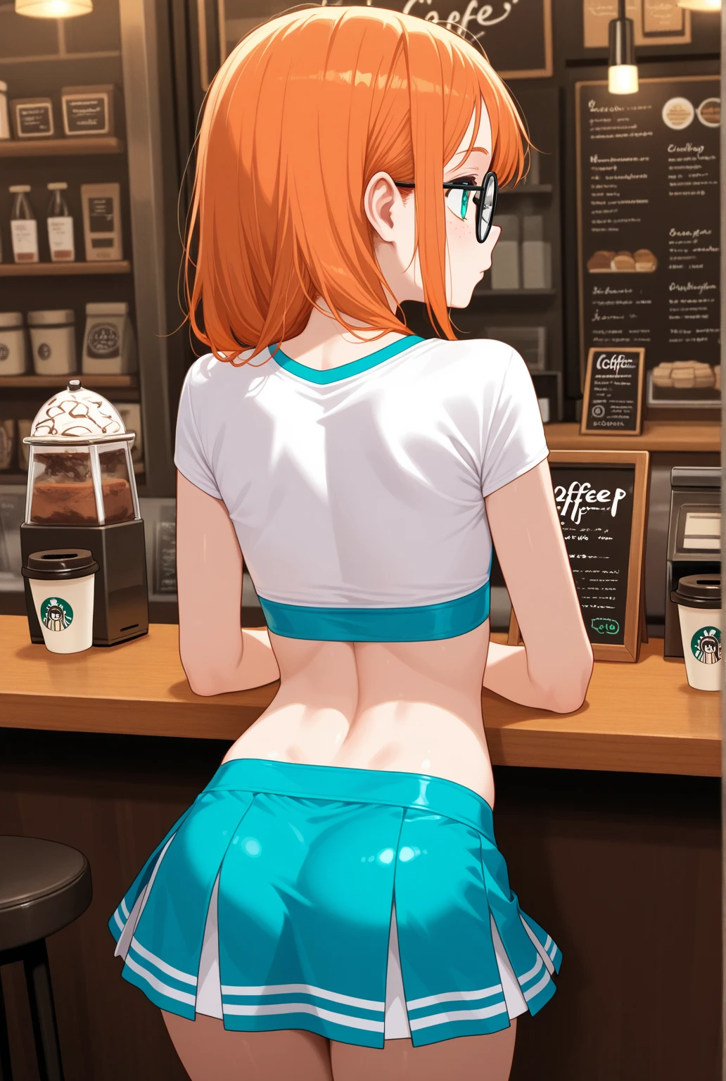 score_9,score_8_up,score_7_up,score_6_up, source_cartoon, college boy, short black messy hair, orange eyes, black binder top, black mirco shorts, light smile, black shorts, muscular, ass, bent over, large ass, looking back, looking at viewer, embarrassed, coffee shop, male character (1.0)