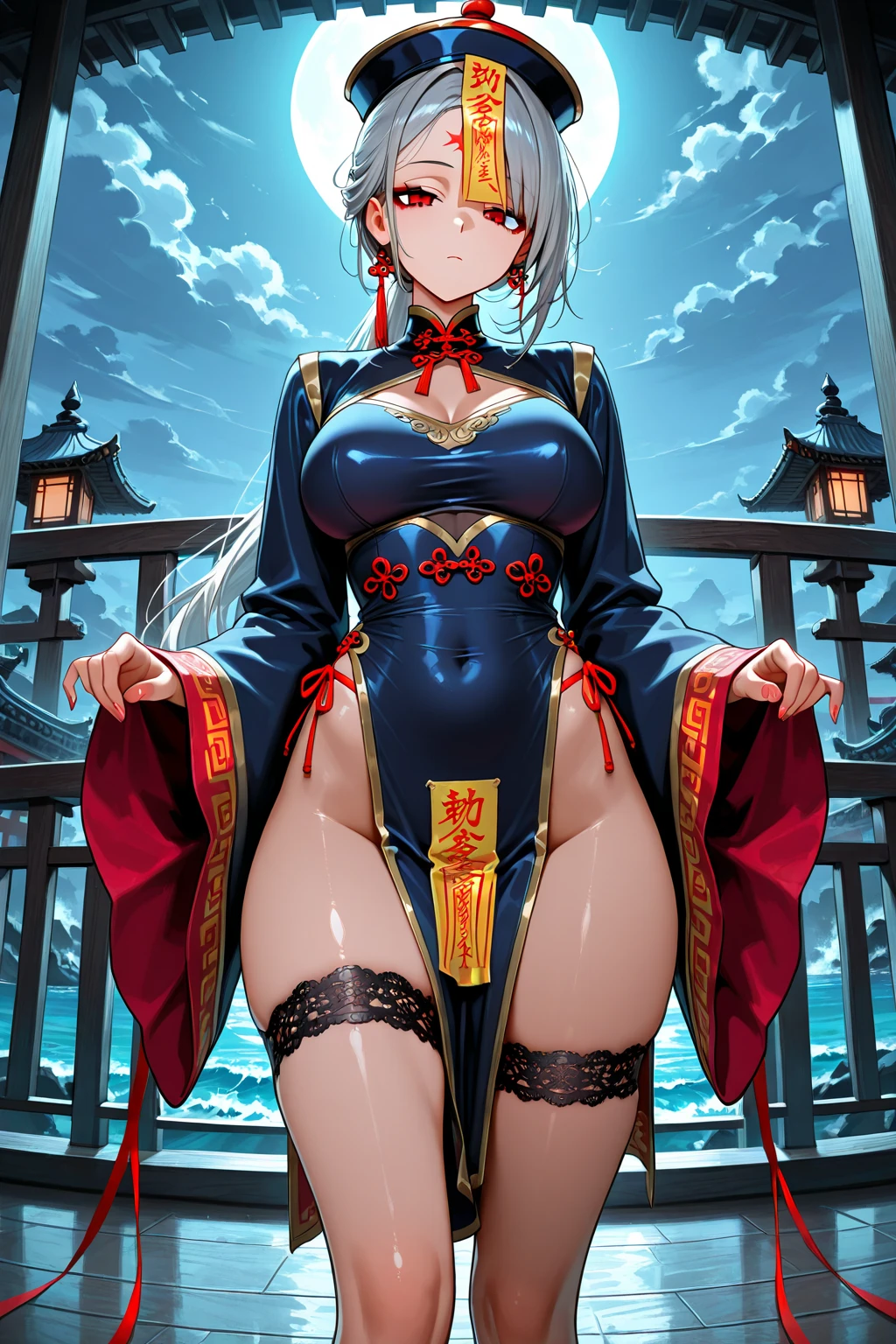 tmasterpiece, 1girll, Solo, whaite hair, underbust, Headgear, Light_Smile, ofuda, Porcelain dress, arms folded, full bodyesbian, exteriors, hanging lantern, natta, Eastern dishes, Covered_Nipples