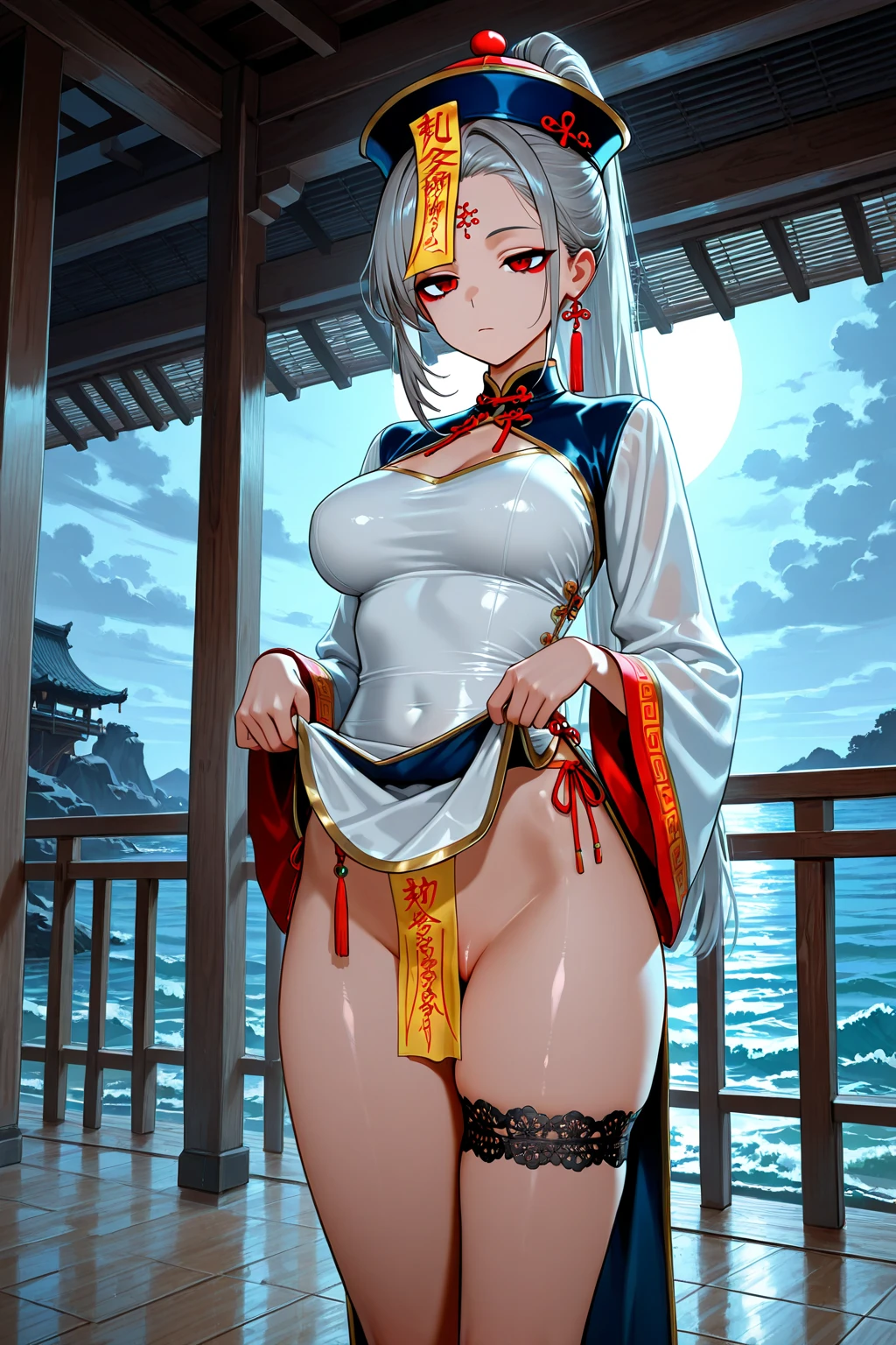((One personの女性)), Beautiful Face, (orgasm2.0), (Excited expression),((Wink:2.0)), (The vagina and penis become one:2.2),((The penis growed just above the vagina :2.5)),((sweat flowing from the vagina:1.8)),  ((massage the breasts:1.8)), ((Breast milk overflows from the nipples:1.9)),((Red cheeks:1.4)),Open your mouth wide and shout,Glossy pink lips,night,rooftop,Sit on the sofa,You can see the ocean, Starry Sky,((Anime style background)),masterpiece, Highest quality, so beautiful, ,up to date, Complex details, (Pink long nails),(ring),(bracelet),(choker),AI-generated, Complex,High resolution, Highest quality, super high quality,3D Images、View your audience、3D Images,One person,Long white hair,(High Ponytail),(blue eyes),Anime woman posing for a photo, ((fine grain、Silver-white colorful eyes、Shining Eyes:1.4)),(Squint your eyes:1.1),a hyperRealistic , Realistic,Long white hairのアニメ女性, Smooth anime CG art, A woman in a colorful kimono with gold embroidery, (Black furisode),Red floral pattern,Long flower hair ornament,Large earrings,Mature Body,(Big Breasts:1.1),Mature Body,expensive,Big Ass,Tight waist,Sit on the sofa,[Zoom in on face:1.1],(Spread your legs),Exposed vagina,(from below)