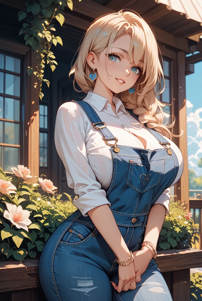(masterpiece:1.2, best quality:1.2, beautiful, high quality, highres:1.1, aesthetic), detailed, extremely detailed, ambient soft lighting, 4K, perfect eyes, perfect face, perfect lighting, 1girl, solo, takamaki anne, twin tails, blonde hair huge ass, huge breasts, huge thighs, narrow waist, wide hips, thick thighs, curvy, naked overalls, collar,blushing,sweating, (breathing hard), (panting), anime,  farm, smile,