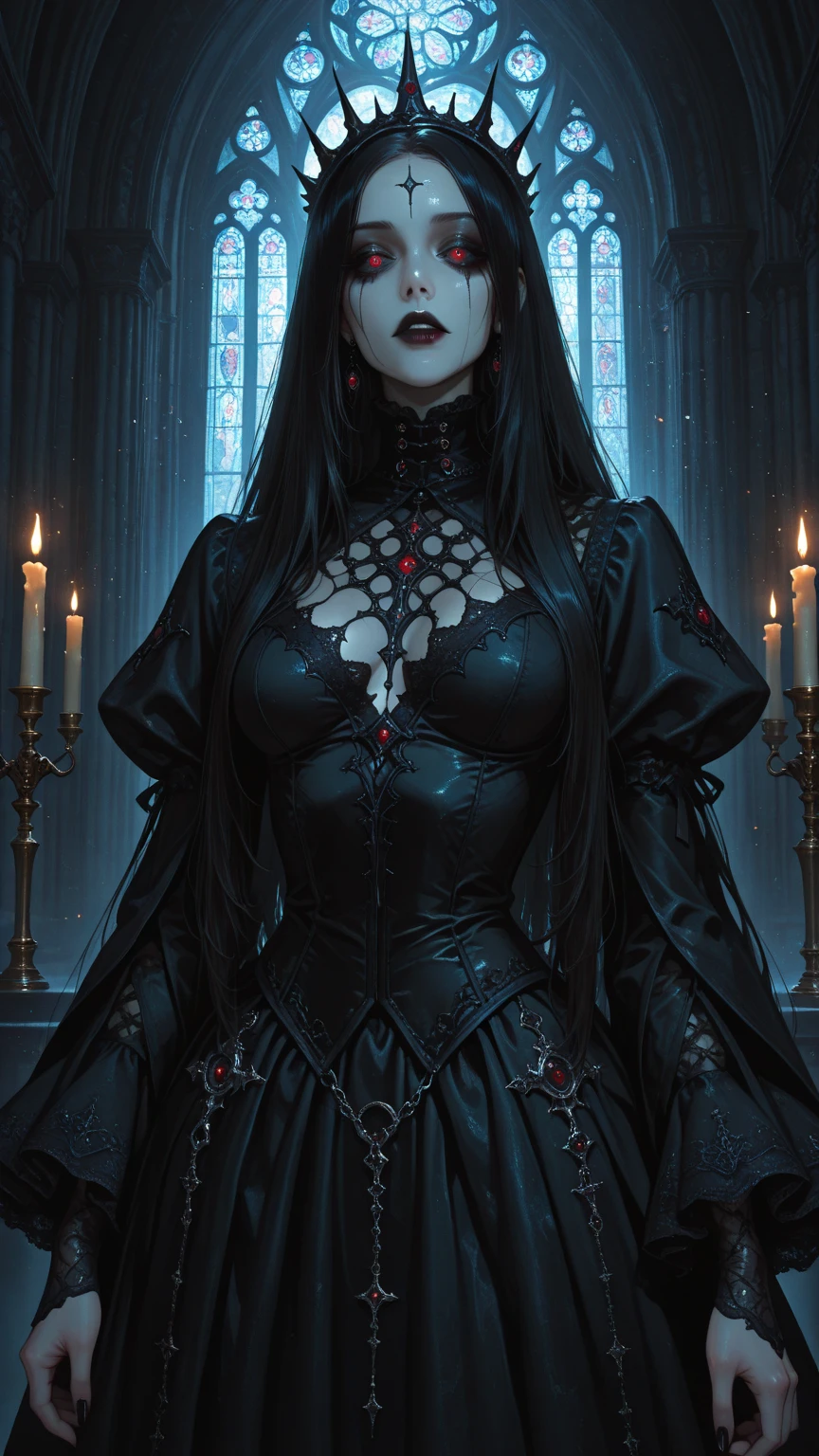 cover featuring an elegant and powerful vampire with long black hair and glowing red eyes. Her skin is pale and flawless, and she wears a gothic, sophisticated dress in dark colors, with subtle details in silver or red. Next to her, include another girl with an intrigued or frightened expression, with hair and clothing that contrast with the vampire's, possibly in lighter tones or a more modern style. The background should be a dark and mysterious setting, such as an ancient castle or mansion, with soft lighting that highlights the figures. The book title should be prominently displayed on the cover, complementing the image and reflecting the atmosphere of the story.
