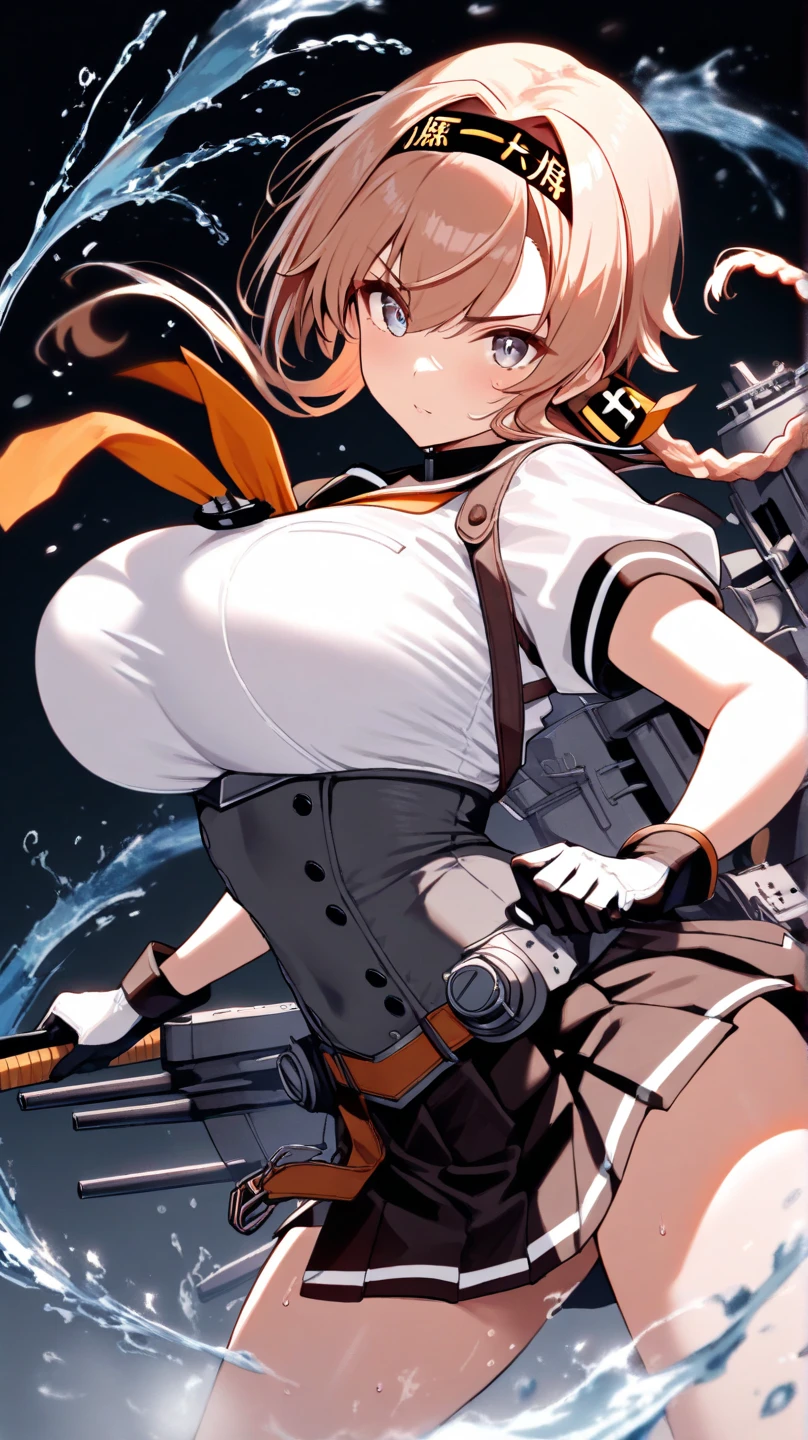 (masterpiece),(intricate details),1girl,mature female,huge breasts
BREAK mutsu kancolle,<lora:Mutsu_KanColle-10:0.7>, mutsu_\(kancolle\), remodel_\(kantai_collection\), brown_hair, green_eyes, headgear, short_hair,
BREAK
anchor, black_skirt, breasts, brown_hair, cannon, chain, cleavage, collar, fire, gloves, jacket, huge_breasts, looking_at_viewer, machinery, metal_collar, miniskirt, navel, red_legwear, rigging, skirt, solo, striped, striped_skirt, thighhighs, torn_clothes, turret, white_gloves , (damaged:1.5), (torn clothes:1.3), torn skirt, (torn top:1.3), cleavage, ((all-fours)), bruised, burned,thighs, perfect legs, wide hips, slender waist, defeated, sad, pained face,
BREAK fire, smoke, explosion,sea, ocean , water,((cumulonimbus)),<lora:more_details:0.3>,<lora:Tsurime3:1.3>,