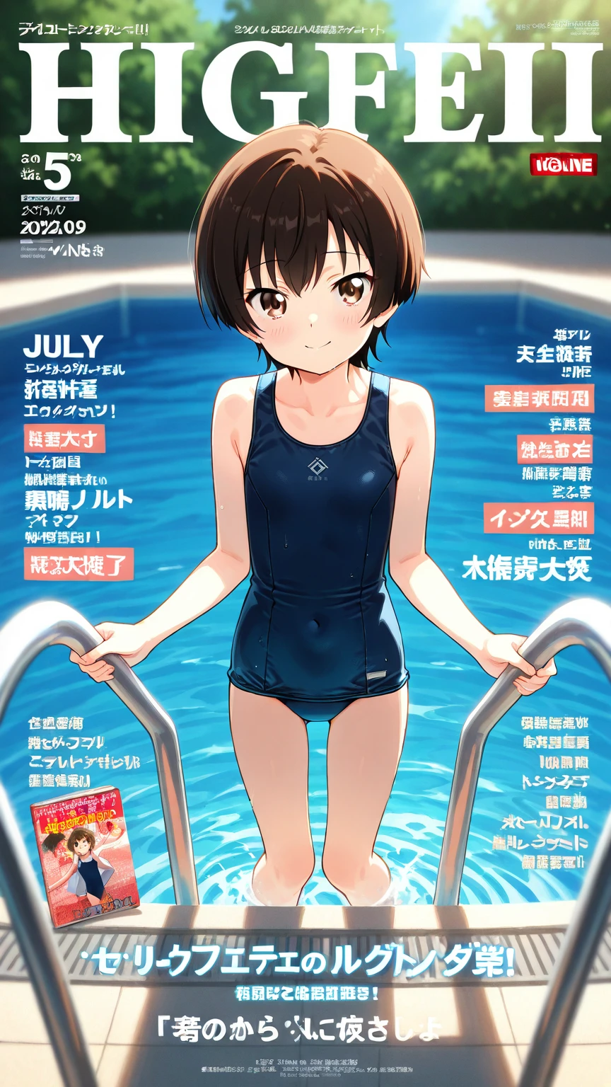 (Superflat, Flat Shading, Flat Color:1.1)、(Magazine Cover)、An illustration、(Asian boyish girl)、(cute:1.2)、Very beautiful 14 year old manga girl、Great smile、Blushing cheeks、(Skin with attention to detail: 1.2)、Photorealistic anime girl rendering、Realistic Anime 3D Style、cuteボブカット、Beautiful brown hair、Intense black eyes、Strong eye highlights、(Detailed、Mid-chest)、Perfect Anatomy、My hair is messy、Old-fashioned school swimsuit、((A torn and tattered school swimsuit))、White school swimsuit、((Wet))、From below、((from the front))、Showing off her school swimsuit、Small school swimsuit、Angle from the feet、From belowのアングル、((From below見上げるアングル、Showing crotch))、Volumetric lighting、Soft Light、bright、neon、Vibrant colors、Watercolor、