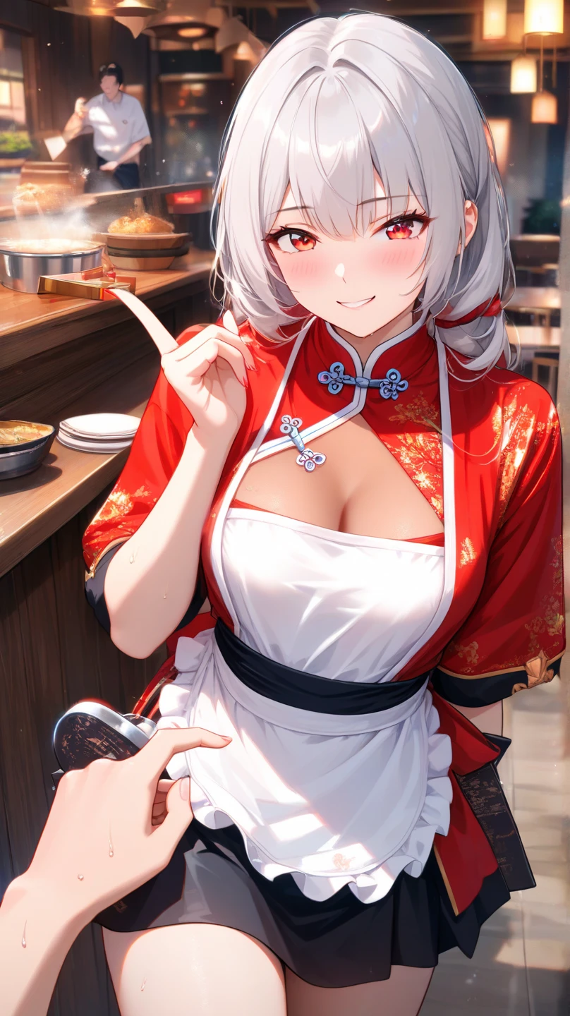 Highest quality、super high quality、16K, Delicious breasts、Facial expressions are random、The location is a sushi restaurant、 Hair color is silver hair、The pose is with the butt facing the viewer.、The distance is random、Angle from below、Small face、Very delicate facial expressions、Delicate eye depiction、Highly detailed hair、Erotic、18-year-old female、Glowing Skin、Soft Skin、The only sexy Japanese woman、The clothes are chef&#39;s clothes, random、1 female