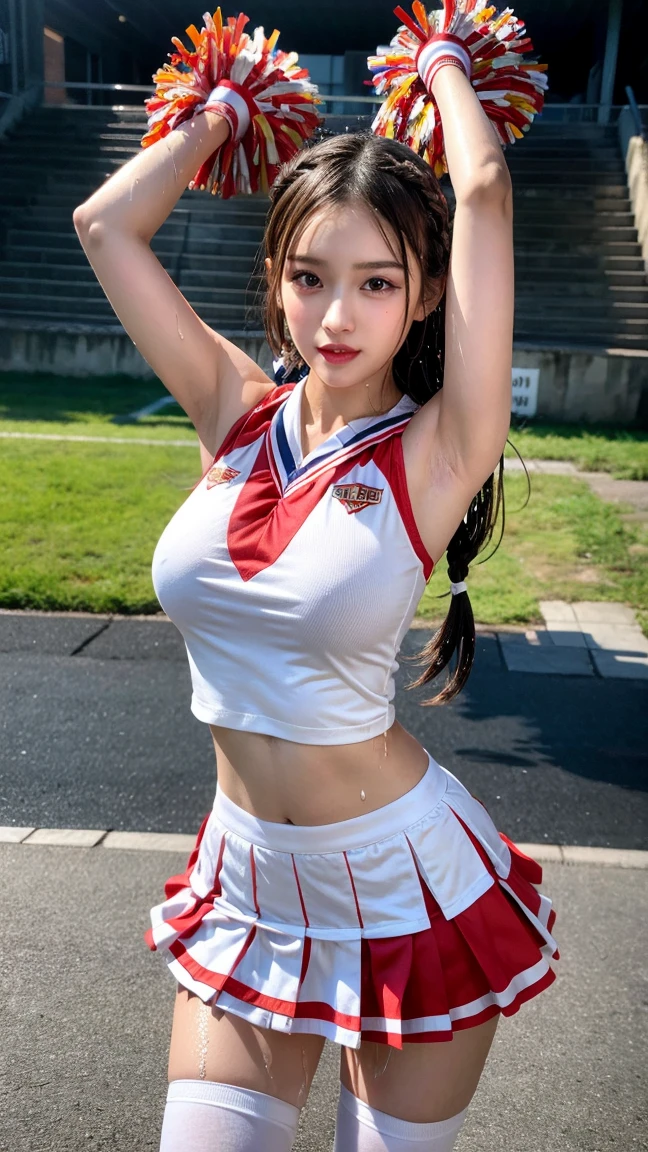 (Photorealistic:1.4, 8k), Highest quality, masterpiece, Ultra-high resolution, Perfect dynamic composition, Big Face, Round face, (Light brown hair:1.3, Long Hair, bangs, Layered Hair, ponytail), Highly detailed skin and facial textures:1.3, Sunburned skin:1.3, thin, Perfect Proportions, Mid-chest:1.5, Cleavage, Shiny legs, Limb details, Cute and sexy 22 year old cheerleader, (Totally captivates you:0.9), (Cheerleader red costume:1.4), (Gal Makeup, eyeliner, mascara, Pink Lip Gloss, Distant eyes, Beautiful erotic eyes:0.85), Sexy Face:0.4, (Mouth closed, Small Mouth, Thick lips, A taste of beautiful eroticism:0.85), (Too cute beauty:0.9), Stadium, Many spectators, Many spectators, Green Grass, Wind, Colorful lighting, (Shooting from the side:1.3), (Looking at the camera:1.3), (Full Body Shot), (Kneel:1.4), smile:0.7