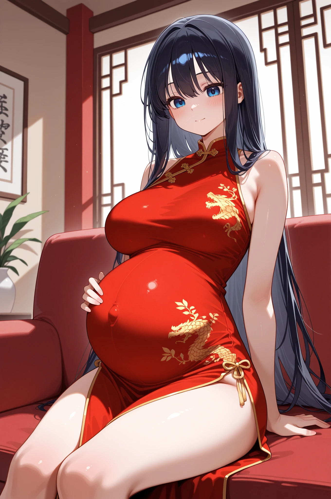 In a classically decorated room, A cartoon girl named Shizuka sits on a luxurious red leather sofa. She has long black hair，Comb into low double braids, Give her a cute and innocent look. Shizuka  dressed simply, But stylish, pinkdresit close to your pregnant belly. Hands gently rested on her rounded abdomen, She gazed at it with a happy expression, Her cheeks were flushed with joy.

The room exudes sophistication, Tastefully furnished and rich, Decorated in white tones suitable for wealthy families. Focus on Shizuka, Capture her whole body in a single shot. The background  intricate, Show gorgeous surroundings. On the left side of the room, A grand piano stands, Add a luxurious atmosphere.

Shizuka in a specialized salon for pregnant women, Over here，She can relax and indulge in pampering care. This scene captures the tranquil beauty of motherhood, Celebrate the brilliance and happiness that pregnancy brings.