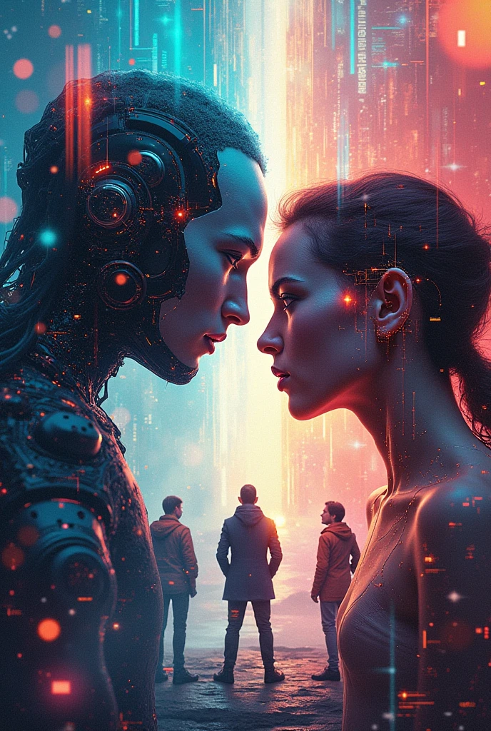 Create a book cover set in a post-apocalyptic world dominated by alien beings that look a lot like humans but have striking purple eyes. The aliens use contact lenses to disguise themselves among the human population. The cover was supposed to depict a frightening cityscape with ruined buildings and a dark, ominous sky where a human man looks head-on at one of the female alien. In the foreground, show a close-up of a figure whose purple eyes are faintly visible under the lens, suggesting his true identity. The atmosphere should be tense and mysterious, evoking the feeling of a hidden and ongoing threat