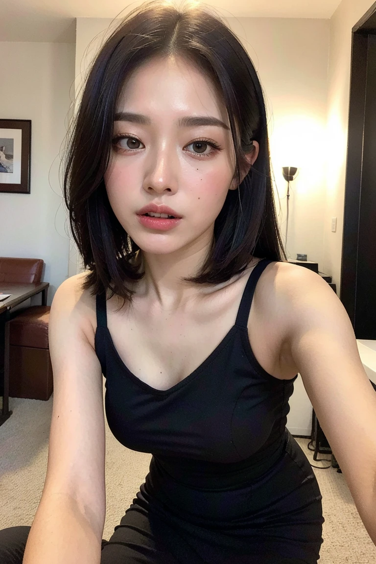 ((highest quality, 8k, masterpiece: 1.3)), 1 female, Japanese Idols,Sensual beauty: 1.3, (Hair style brown hair short hair, big: 1.2), Tank top: 1.1, Very grumpy face, Delicate eyes, double eyelid,Tanuki face,Mole, Sit on the sofa,Plump body,Mole,very thick paws,Cowboys photographed from above,Brow wrinkles,Frown,Sour face,Teeth grinding,Rage,Watery eye,