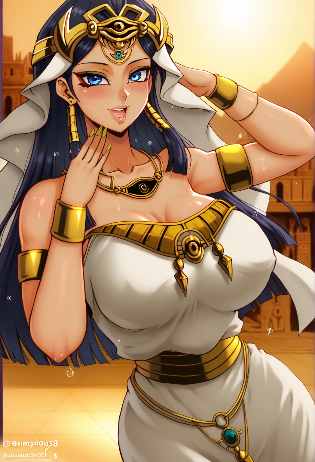 Masterpiece, beautiful , facial details, 8k wallpaper, Love Live, long hair, purple hair, white see through dress, Egypt queen,tiara,in Egypt ,(lipstick:0.8), (makeup:0.8),Fascinated by her beauty, dancing ,one arm up behind head another arm behind back 