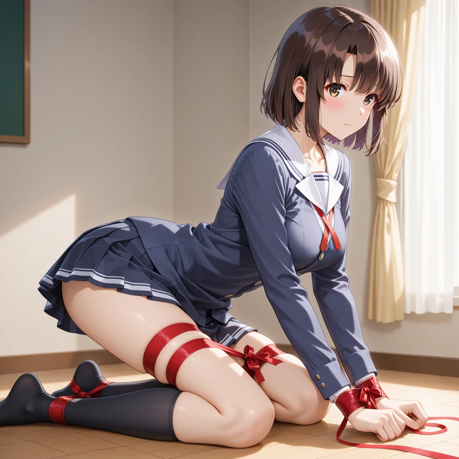 (Realistic:1.3), In detail, quality,(masterpiece:1.2), (photoRealistic:1.2), (best quality), (Detailed skin:1.3), 15 years old,(change:1.2),AKB48,Nogizaka46,young,,(Small breasts:1.3),Flat Chest,Teenage Girls,,,(Navy Blazer:1.4),( White blouse:1.2),(ribbon:1.2),(Red pleated skirt:1.2),Black-haired,Delicate and bodied,(classroom:1.2)、frontage、Full Body Lesbian、White socks,high school,machine,Chair,(Sitting on the floor:1.2),(seiza:1.4),,(skinny:1.2),beautiful girl,AKB48,Nogizaka46,(Braided short ponytail:1.2),,,(Put your arms behind your back:1.7),,( Suppressed:1.8),(bondage:1.8),(BDSM:1.8),(Metal collar:1.5),(Blindfold:1.7),(Lament:1.0),(★Looking up at the viewer:1.2),,(From above:1.4),,(Cake dropped on the floor:1.7),