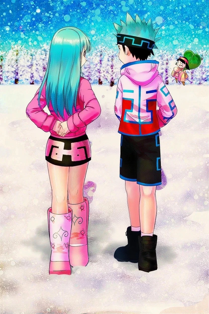 Blue hair boy and pink hair girl happy in the air and with powers 
