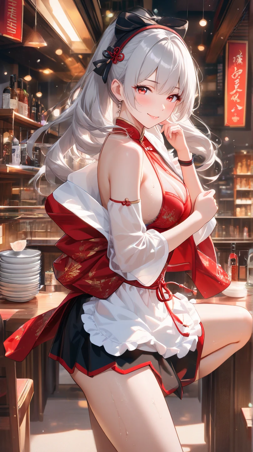(masterpiece:1.3),(highly detailed:1.3),(highres:1.1),best quality,Ultra-detail,1girl,solo,kitchen,jelofolkwang,naked apron,((white apron)),ass,sideboob, unclear clothes , white pantie, ((perfect body)), salon,((take off pantie)), legwear ,hand pantie, ((perfect breast)), perfect face,slightly curved body,pink eyes