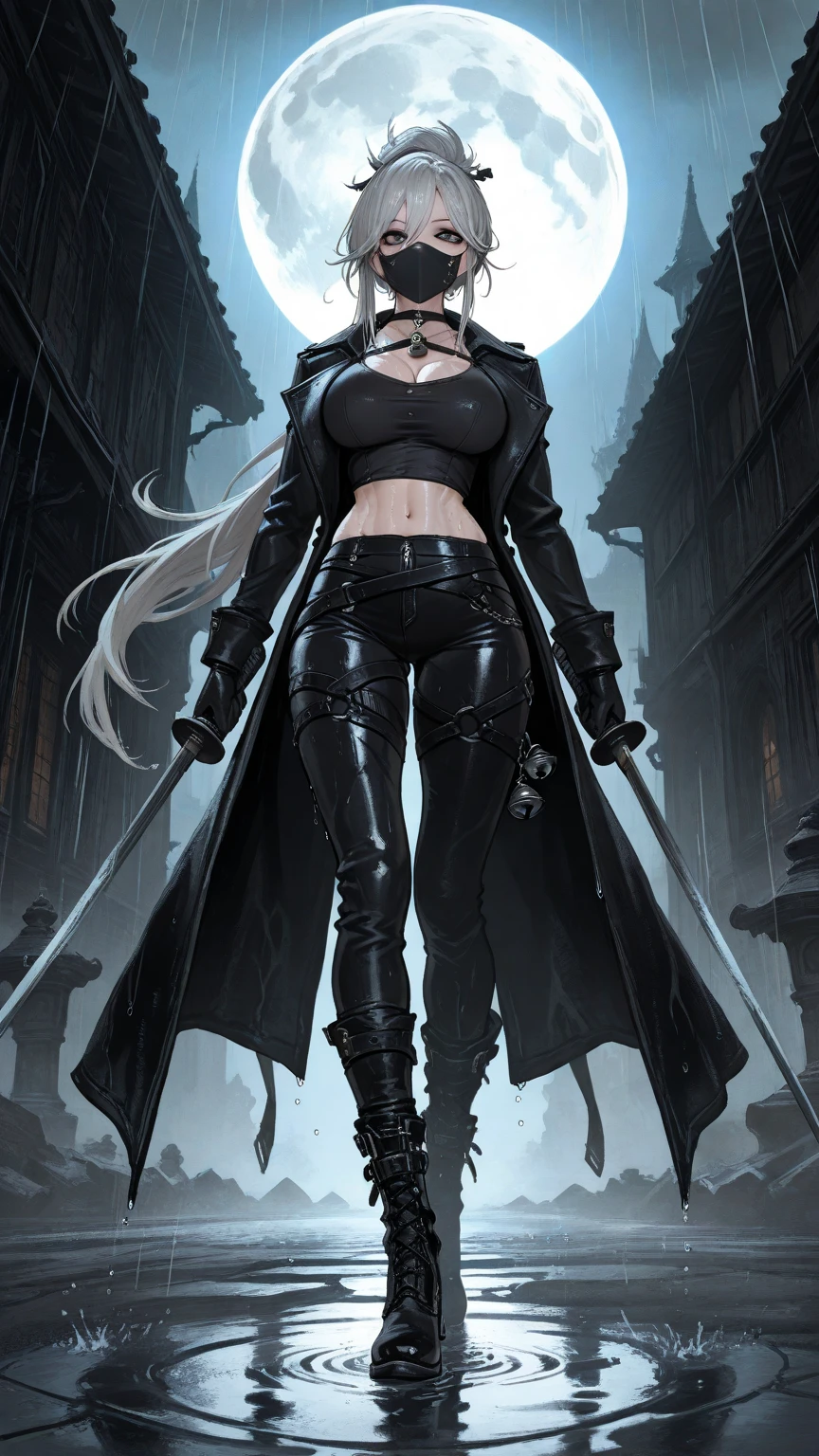 Loona from Helluva Boss, female wolf, anthro, mature adult, white hair, grey eyes, infected with blacklight virus, based and inspired by Prototype game series, hooded long trench coat, boots, glowing red eyes with visible iris, bloody, sharp claws, smiling, visible fangs, mutant, standing, menacing, detailed, solo, beautiful, high quality, full body, 4K