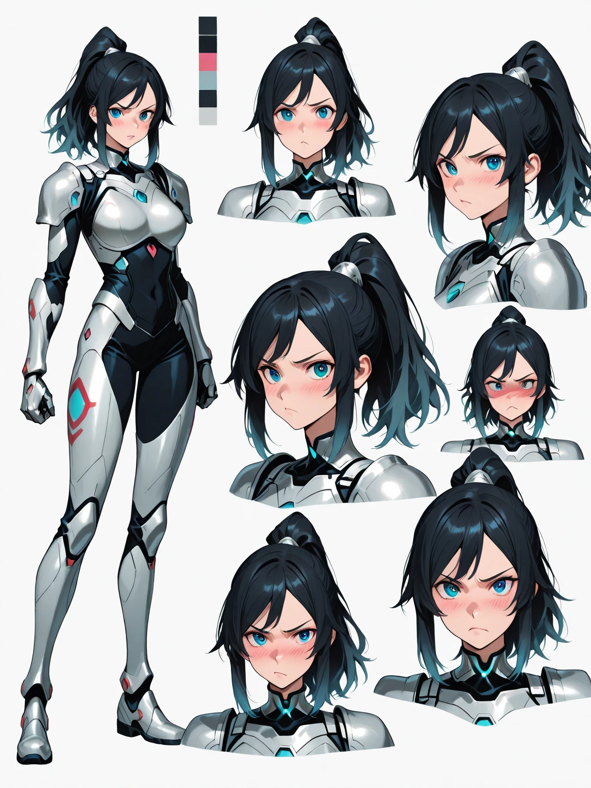 a drawing of a bunch of different faces of a (girl), (hotify:1.2), girl in mecha cyber armor, cybersuits, black and white armor color, cyberpunk anime girl mech, female mecha, inspired by Leng Mei, short_hair,black_hair,cleavage (masterpiece,detailed,highres:1.4) animation portrait concept art, face turnaround, face turnaround 3 6 0, character headshot concept art, concept headshot art, character reference sheet, character model sheet turnaround, high quality model sheet, animation portrait concept art