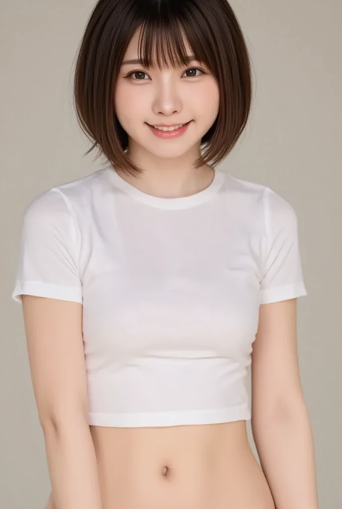 (A photo of your face:1.25), 6 years old, (Baby Face), (Round face), One Japanese woman, beautiful girl, Pretty face, (View your viewers), (Standing facing the camera), (smile), (Beige tank top)、(Pure white background:1.2)、Mouth closed