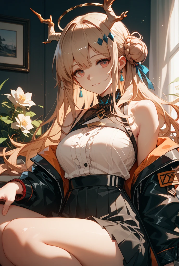 masterpiece, best quality, high resolution, Beichuan Navy, 1 Girl, Blonde hair, Long hair, Colorful hair, Red Eyes, Jewelry, earrings, punching, , White shirt, Tie-Dye Shirt, Black necklace, Blue tie, Plaid skirt, Grin, Smile, permanent, Cowboy shooting, outdoor,huge , Crazy breast swelling, Chest larger than shoulder blades, Big breasts and thin waist,(huge breasts:1.2),Hydrated skin((rogue))((非常huge乳房)),((Grooves reveal original skin))