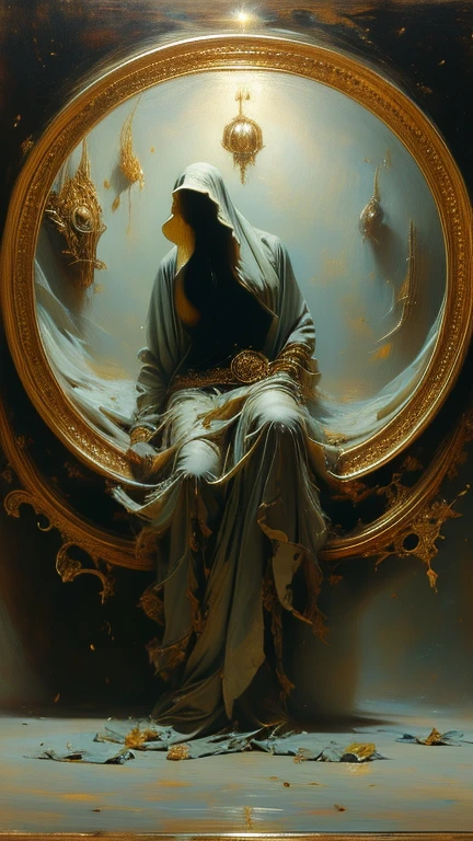 image of a very beautiful lady face enveloped in a smoke-like material, appears to be merging with the air around them, high contrast between the dark background and the bright, glowing texture of the material to give a feeling of emergence or transformation, monochrome shades to enhance the mysterious and intense atmosphere - red, black and gold, onyxia, metallic color palette g0s1