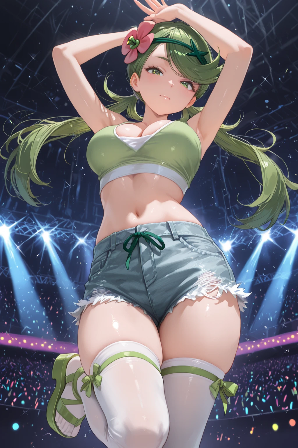 (sexy dance show:1.2),(skirt tug wind lift:1.9),silence suzuka \(umamusume\),good anatomy, masterpiece, best quality,realistic, hyperrealistic, 16k hdr,(red blush,smile:1.2),(Live Stage:1.3),(see through costume:1.2),Stage costumes,Horse tail,ultra miniskirt,navel,micro panties,show off clearvage,erected nipples,sweat,large breasts,upper body,strong wing And between open leg