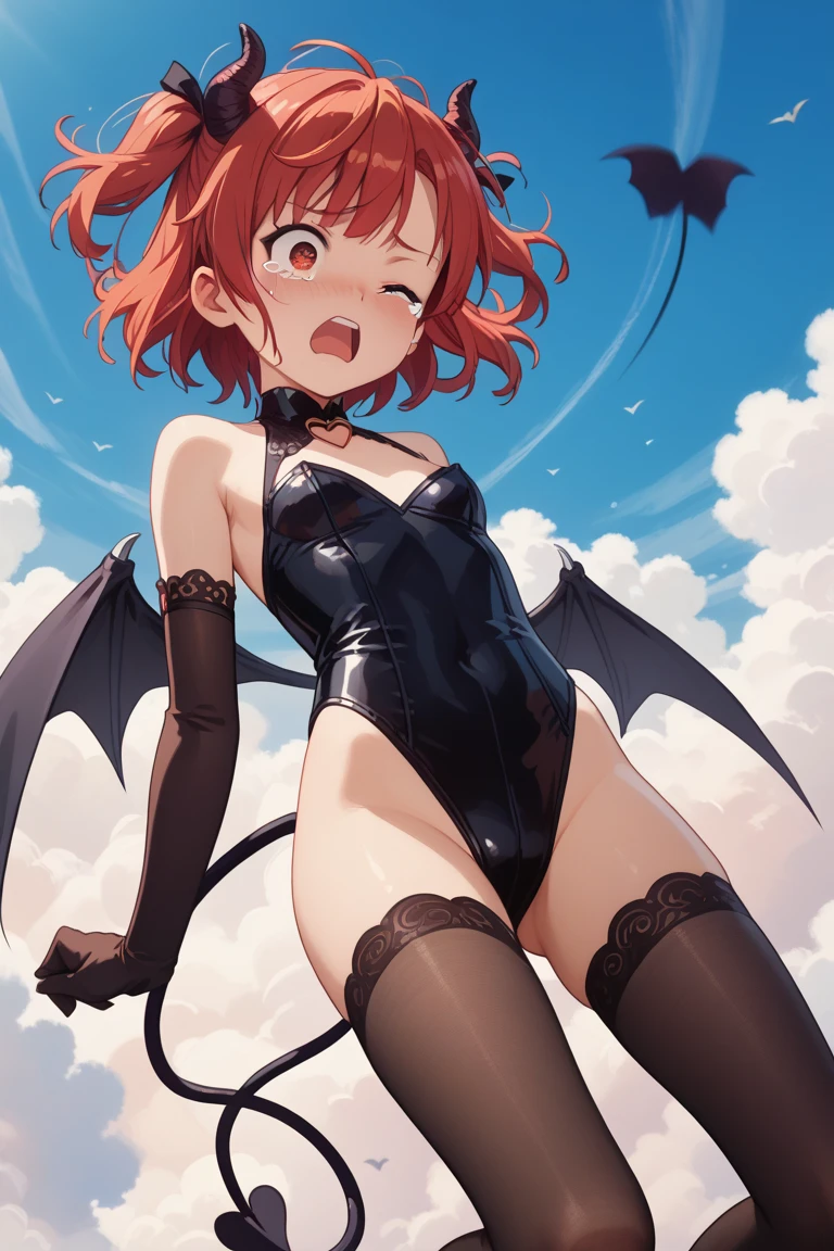 ultra hd,4k,realism,masterpiece,1girl, 15years, short red hair, beutiful face, deteiled face,big red eyes, demon, demon horns, demon wings, tight dress, small breasts, stockings,heels,street, buildings, night,city lights, in middle, bend over.